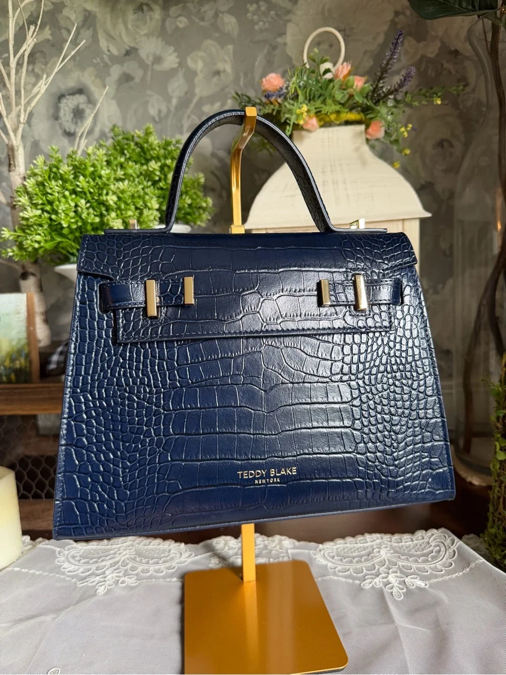NWOT Teddy Blake Navy Croc-Embossed Leather Top Handle Bag Purse